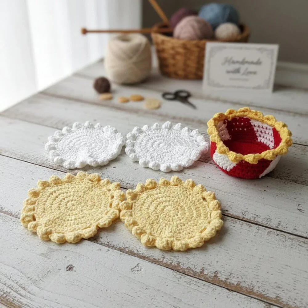 Handmade Crochet Popcorn Coaster Set with Red & White Striped Basket New - Picture 3 of 8